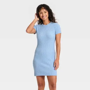 Women's Short Sleeve Rib Mini Sweater Dress - Universal Thread Blue S