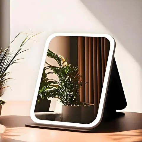 Makeup Mirror with Lights, USB Rechargeable Vanity Mirror with Stand, 3 Color LED Lighting Dimmable Brightness Adjustable Angle Compact Mirror, Foldable Cosmetic Mirror, Portable Travel Makeup Mirror, Birthday Anniversary Gift for Women Decor Black.
