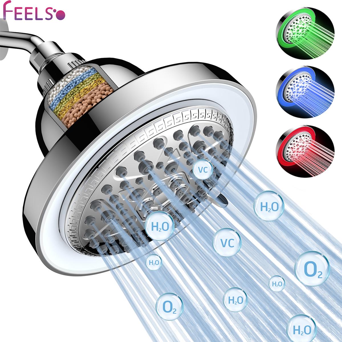 FEELSO LED Shower Head, Filtered Shower Head with Light, 3 Color Water Pressure Drives the Lights to Glow shower head Ro