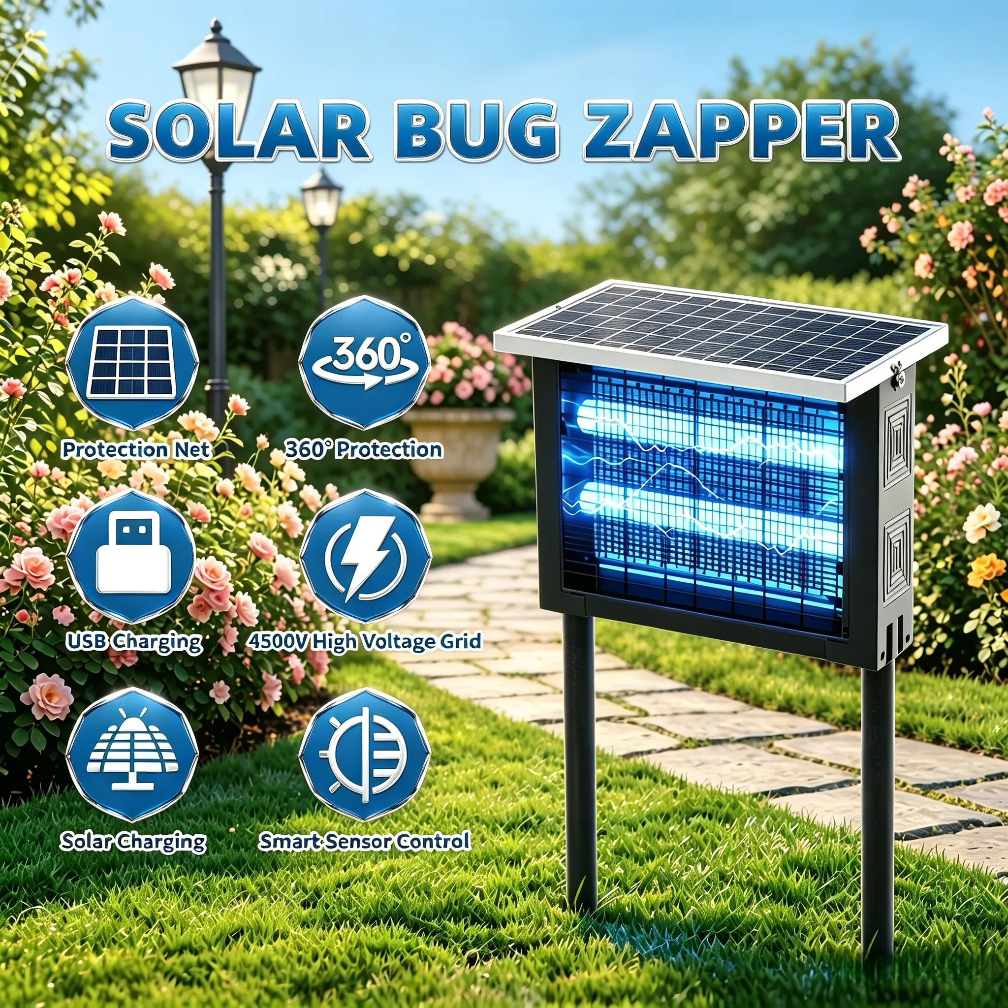 Solar USB Rechargeable Bug Zapper Outdoor Waterproof Mosquito Killer Lamp, 4500V High Voltage Electric Insect Fly Trap with Smart Light Sensor, 2000 Sq.Ft Coverage Portable UV Mosquito Zapper for Garden RV Camping Farm, Ground Stake & Wall Mount Design