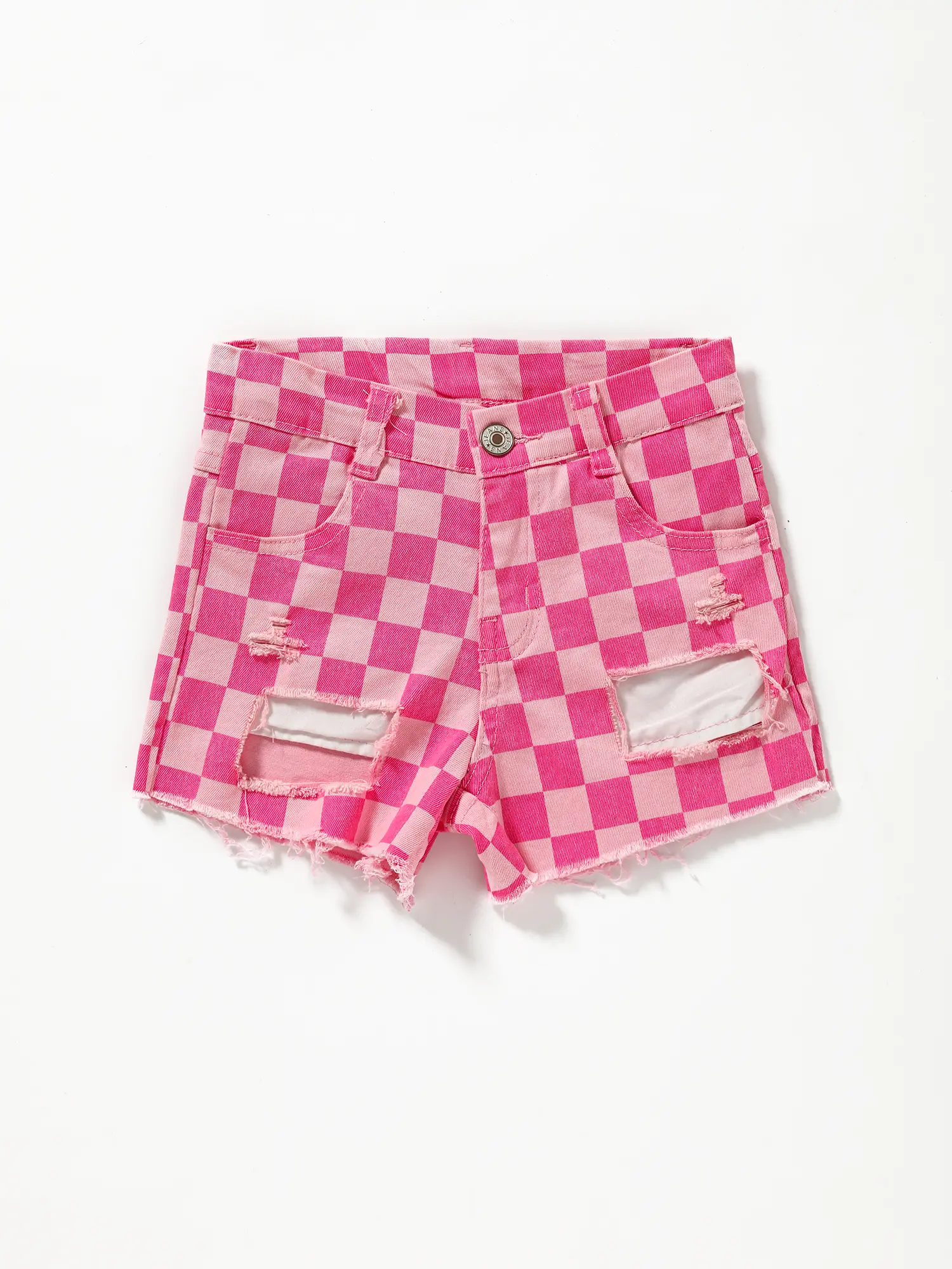 Girls' Checkered Denim Shorts with Frayed Hem - Trendy Pink Jean Style for Kids, Casual Summer Fashion for Toddlers & Teens