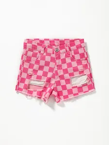 Girls Pink Check Denim Shorts
