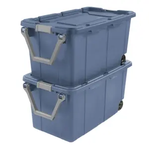 Extra Large Wheeled Industrial Storage Bin, 40 Gallon Rugged Plastic Storage Tote with Latch Lid and Pull Handle, Blue, 2 Pack