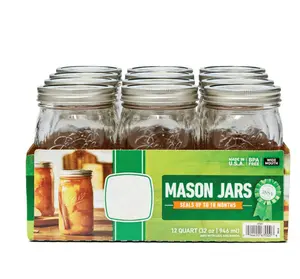Glass Mason Jars with Lids and Bands, 12 Count - Mouth Quart 32oz - Drinkware, Tin Containers Kitchen