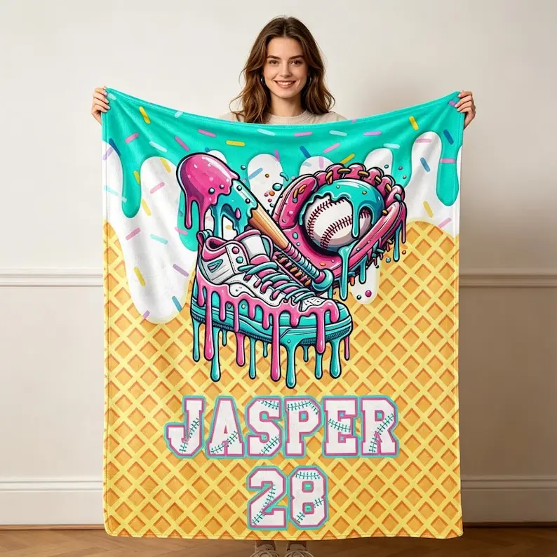 Custom Blankets - Personalized Baseball-Themed Throw with Neon Colors, Ice Cream Drop & Waffle Cone Design, Soft Warm Cozy, Multi-Size Option 30in(w)x40in(l), Gift for Softball Girls, Kids’ Bedroom Decor