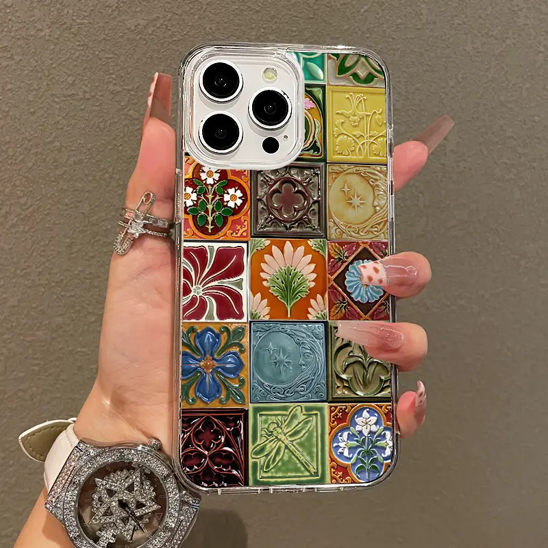 Magnetic MagSafe Phone Cover for iPhone 11-17 Pro Max, Vintage Tile Collage Design, Ultra Slim Durable Accessory, Shockproof Protector with Drop Resistance, Playful Style Casing