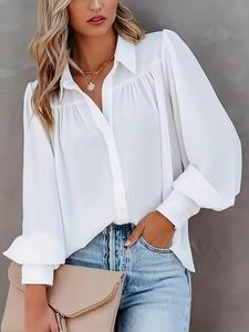 【plus size】 solid color lantern sleeve button shirt, casual classy elegant long sleeve collared top for spring & fall, women's clothes for daily wear
