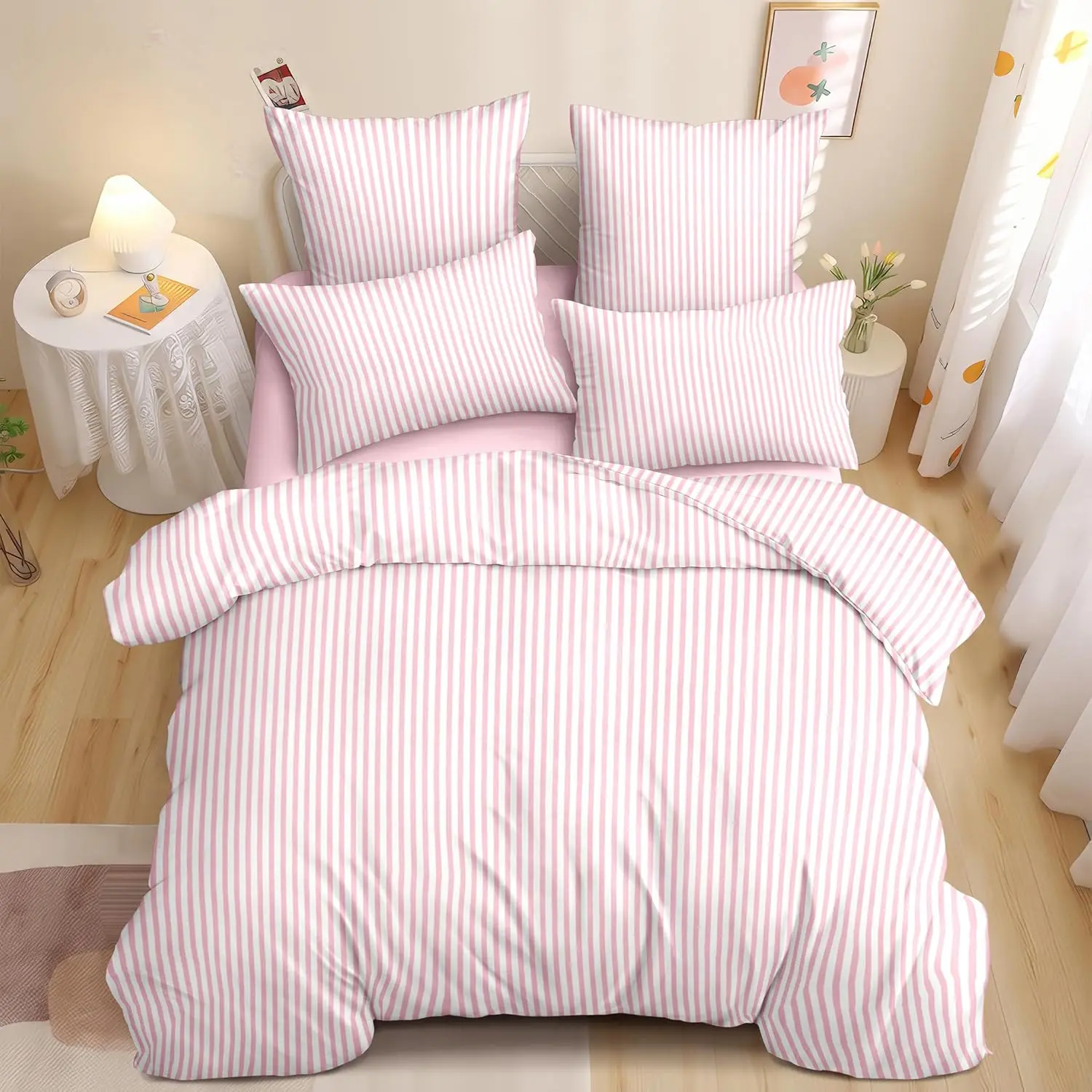 Pink Striped Duvet Cover Queen Size White Stripe Duvet Cover Dorm Bedding Set 3 Pieces Soft Lightweight Washed Microfiber Farmhouse Bedding Set Gifts for Women Men