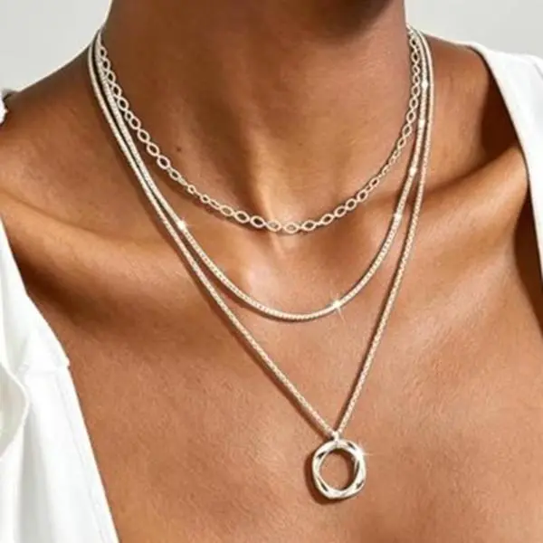 Elegant Layered Silver Necklace with Circle Pendant, Fashionable & Dainty Stackable Necklace Set for Women & Girls, Perfect for Parties, Vacations, Birthday & Other Occasions, Trendy Jewelry Accessories