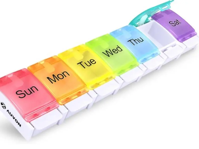 AUVON Weekly Pill Organizer Arthritis Friendly BPA Free Travel 7 Day Pill Box Case with Spring Open Design Large Compartment for Vitamins Cod Liver Oil Supplements and Medication
