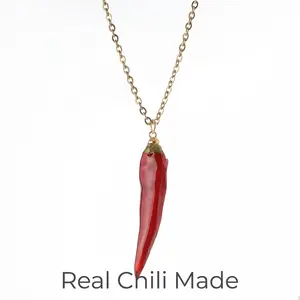 Real Red Chili Pepper Necklace for Women Resin Preserved Natural Vegetable Pendant with Gold Plated Chain Good Luck Charm Funky Gift