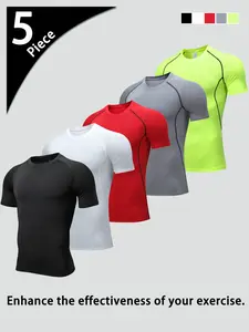 5-piece men's sports short-sleeved shirt set, solid color with stripes, American style, crew neck, high elasticity, thin, breathable and quick-drying for summer, men's casual sports top. oversized baggy compression clothes Unisex Crewneck White T-shirt