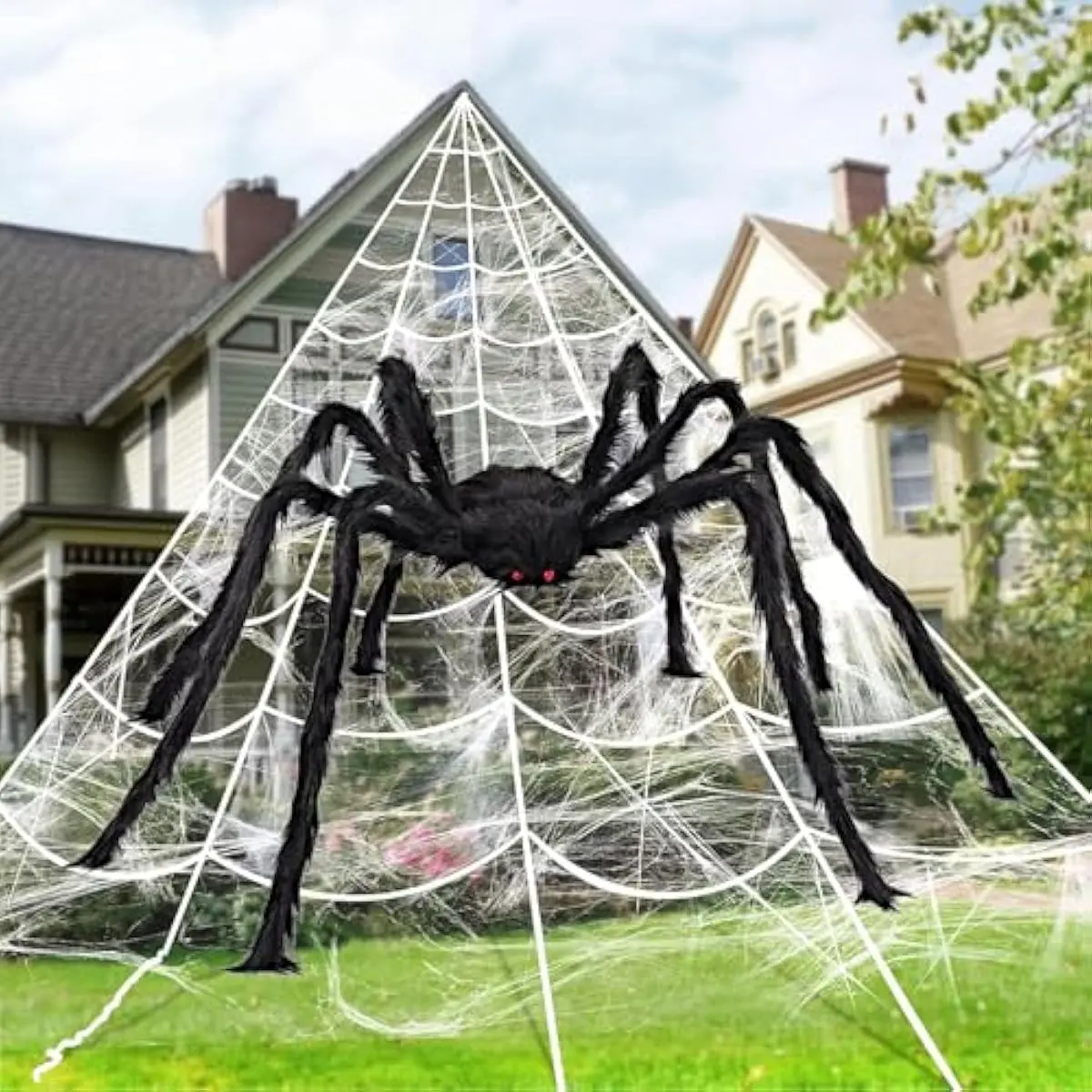Halloween Spider Web and 59'' Giant Spider, 16.4 x 15.7 Ft Large Triangular Web and Stretchy Cobweb 100g for Outdoor Decor, Spiderweb for Patio, Garden, Yard, Haunted House, Indoor Home Party