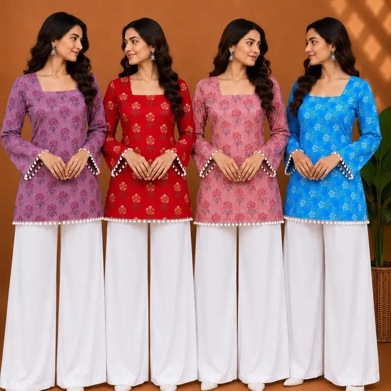 Dhaka Printed White Pearls Lace Short Kurti Tops Long Sleeves( no pants)