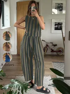Women's Summer New Cotton Striped Set Suits, Sleeveless Crop Top & Wide Leg Pants, Casual Loose Fit, Beach Travel Vacation Wear, Womenswear