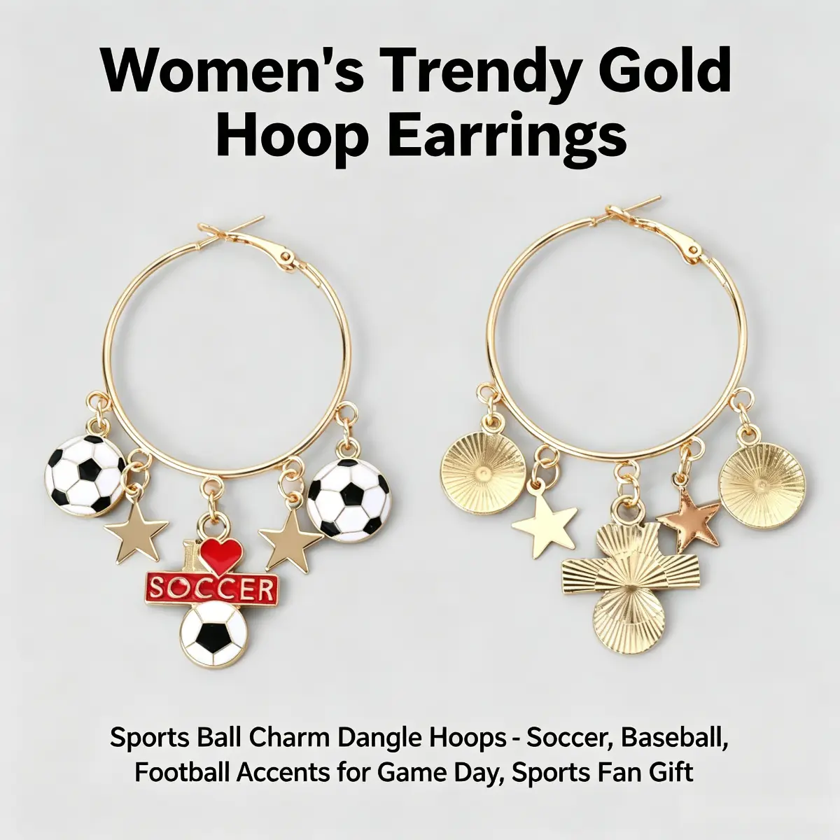 Women's Trendy Gold Hoop Earrings, Sports Ball Charm Dangle Hoops - Soccer, Baseball, Football Accents for Game Day, Sports Fan Gift #TrendyJewelry#SportyStyle#GiftForHer#SoccerEarrings, Hoop Earrings Gold