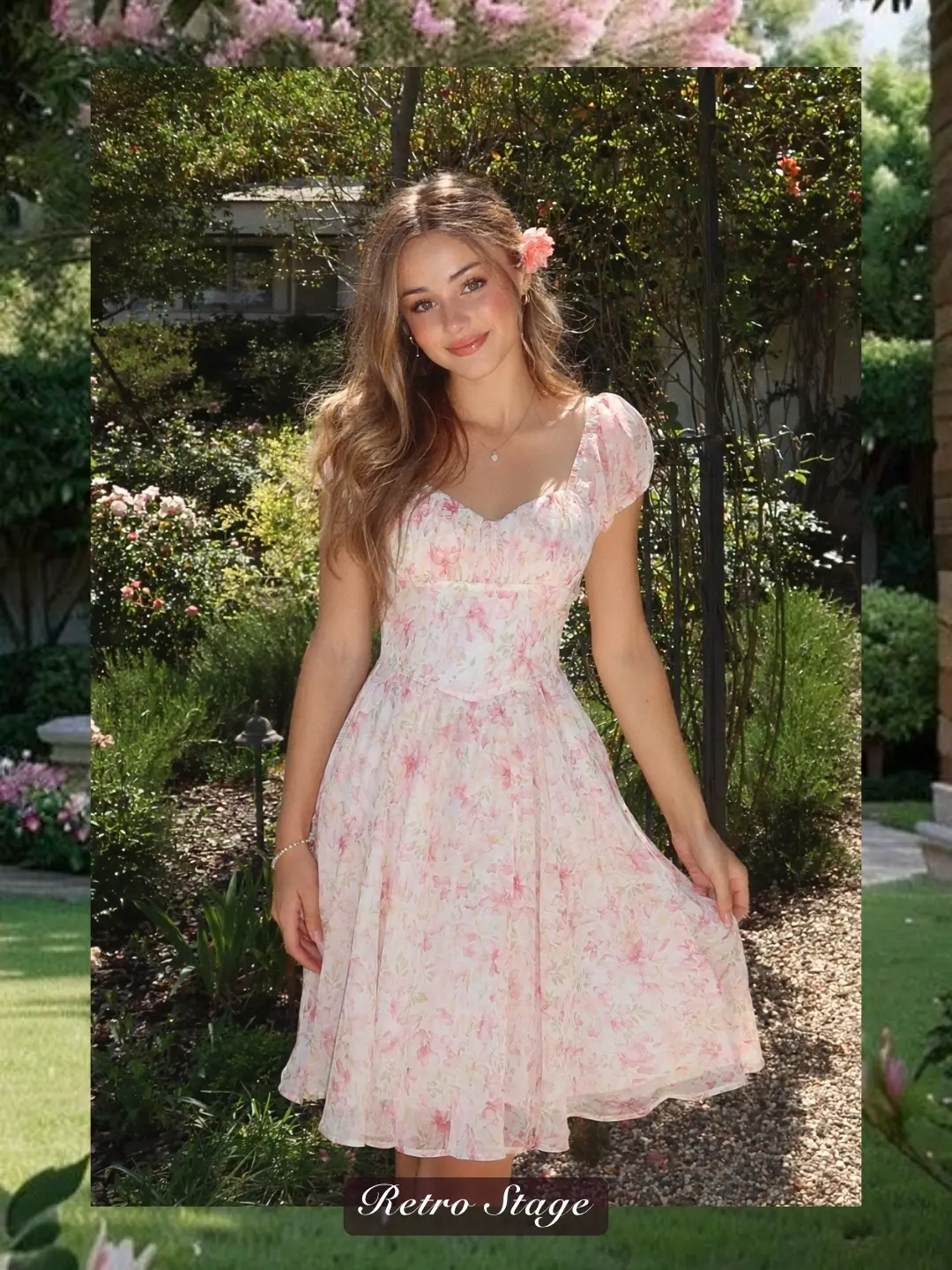 Pink 1950s Floral Sweetheart Neck Bow Dress sundress womensummer dresses vacation outfits Womenswear Fitted BackToSchool Sohochic Fall Dresses Fall outfits Fall fashion