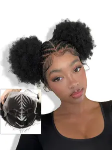 Braided Wig for Women, 100% Handmade HD Full Lace Cornrow Wig, Afro Puff, Lightweight & Soft, Heat Resistant Synthetic Hair