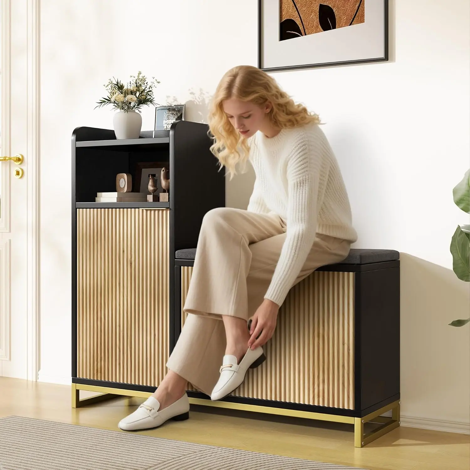 Vividwood L-Shaped Shoe Storage Bench with Cushioned Seat & 2 Flip Drawer, 39'' Entryway Bench with Wave Door & Adjustable Shelves, Farmhouse Bench Cabinet for Entryway, Hallway, Living Room