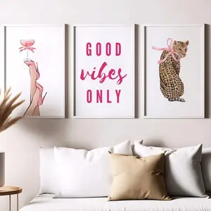 Optional Wooden Frame Pink Preparatory Student Artistic Wall Art Set Leopard Print Pattern Leopard Cocktail Good Vibes for Living Room Bedroom Decor Leopard Print Wall Decoration