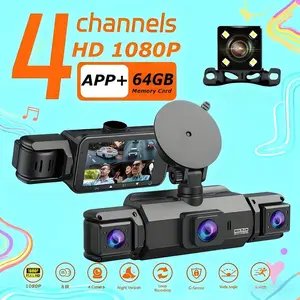 Four-channel dashcam, Car dvr camera, for reversing, featuring panoramic view for all-weather parking monitoring. Simultaneous recording from four lenses: front/rear/interior. 4-inch display with WiFi and 64GB storage card. Clear night vision with HDR te