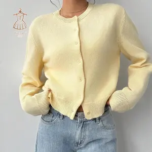 Women’s spring and autumn fresh light yellow round-neck short knitted cardigan, single-row button design, super versatile
