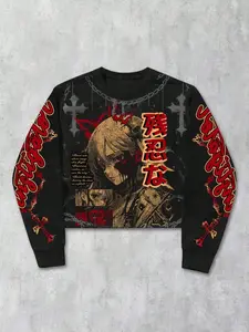 American Street Style Angel Graphic Print Round Neck Long Sleeve Fitted Cropped Hooded Sweatshirt Fabric, Trendy Streetwear Casual Short New Arrival, Unisex Fashion Clothing Tops