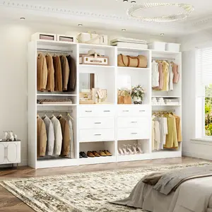 Freestanding Closet System Set with Big Mirror and Drawers, Modular Walk-in Closet Organizer System Wardrobe with Hanging Rods and Adjustable Shelves