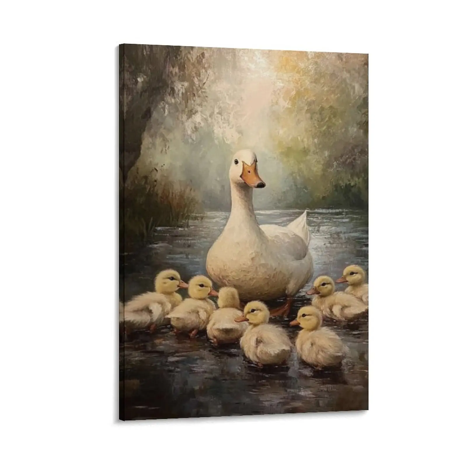 Spring Easter Duck Wall Art Mother Duck Swimming with Her Ducklings in The Stream Canvas Print Posters Canvas Poster Bedroom Decor Sports Landscape Office Room Decor Gift Frames Ornaments Artistic Decoration Frame-Style