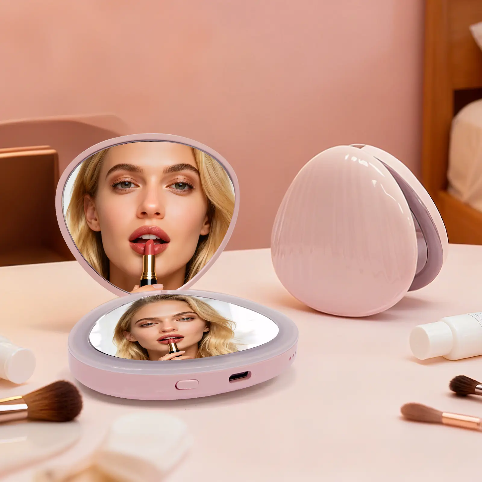 Pink Shell Shaped Portable LED Compact Makeup Mirror, Dual Side 1X & 5X Magnifying Mirror, Stepless Dimmable Light, Type-C Rechargeable Travel Hand Mirror, Pocket Lighted Cosmetic Mirror for Women Girls Gift