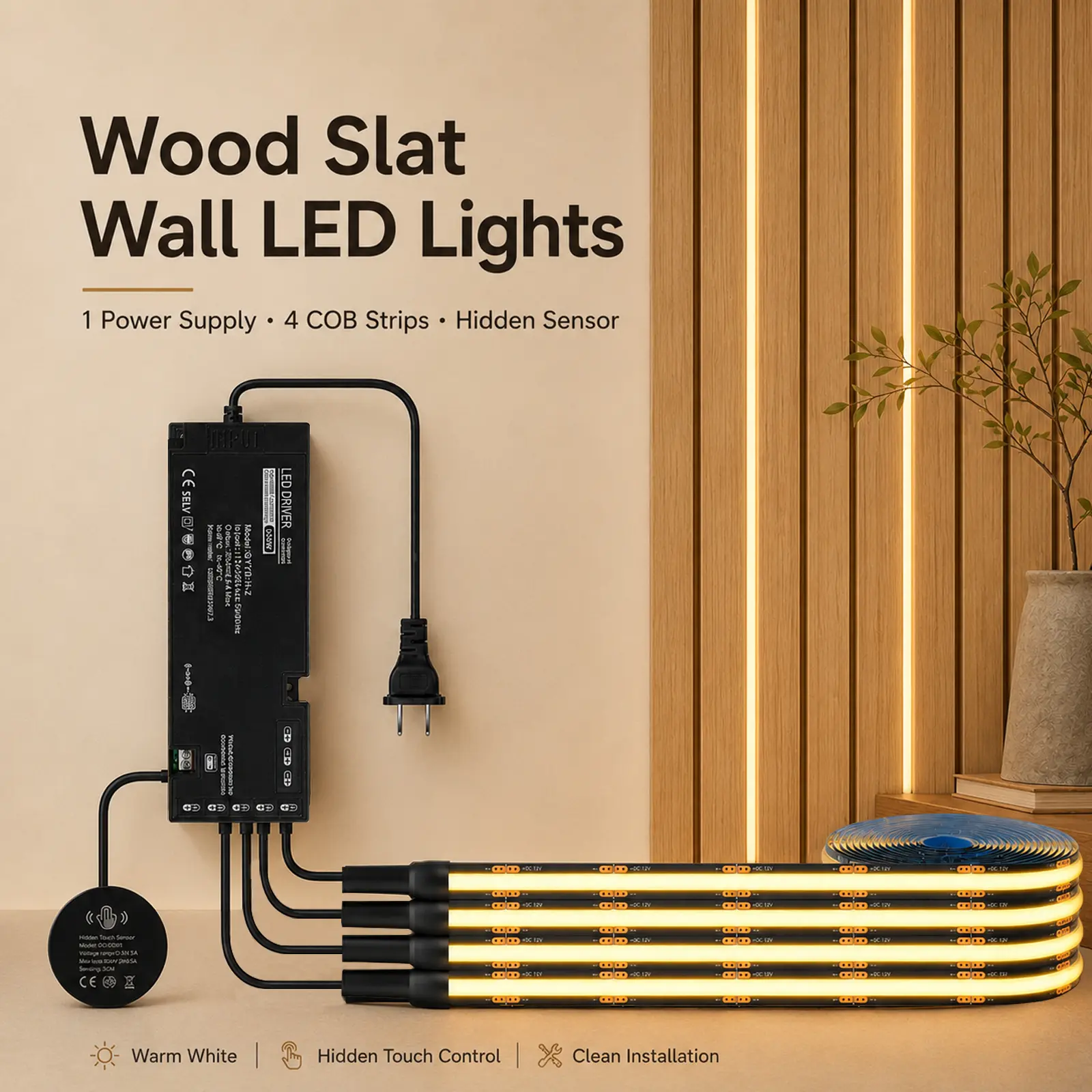 4-Pack COB LED Strip Light Kit, Dimmable Touch Sensor Cabinet Lights, 13.1FT for Acoustic Slat Wall, Wood Slat Wall, TV Backlight, Shelves, Display Cabinet, Wall Decor & Ambient Lighting