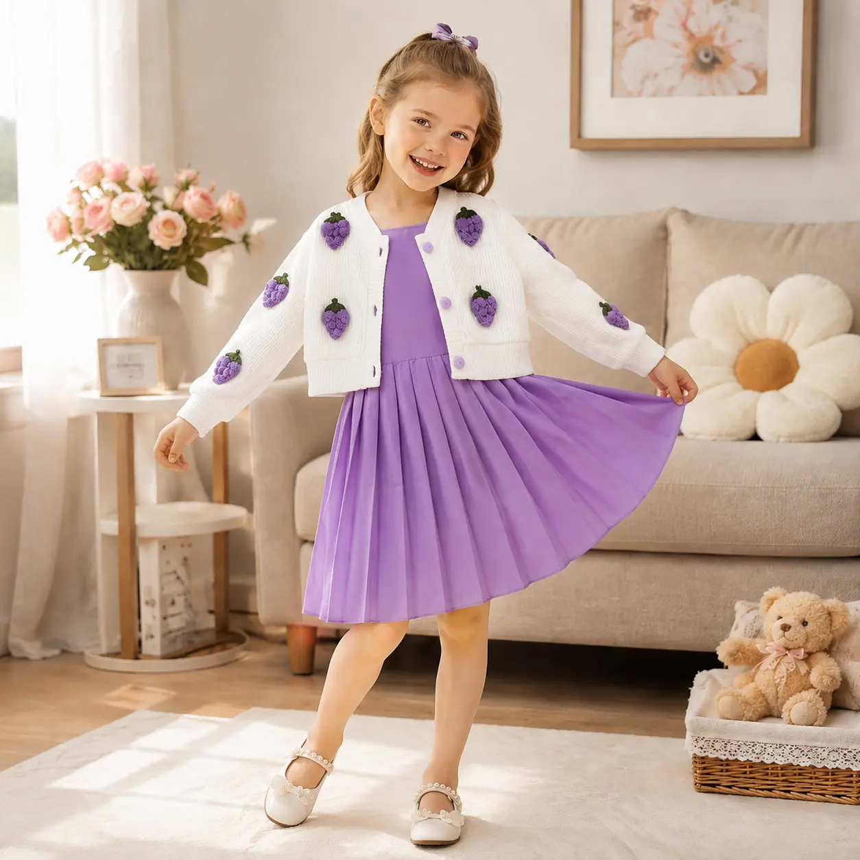 Nova Beat 2-Piece Girls Outfit Set, Purple Strawberry 3D Cardigan with Pleated Sleeveless Dress, Cute Boutique Spring Clothes for Kids 4-7 Years, Soft Knit Sweater and Flowy Skirt Set for Little Girls