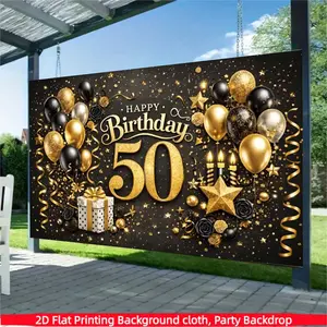 50th Birthday Background Cloth, Gold Luxury Balloon Star Theme Photography Backdrop, Happy Birthday Banner, Polyester Material, Party Decor, Home Decoration
