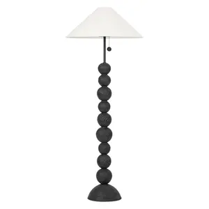 Miela Floor Lamp - Totem-Style Design with Black Motif Ceramic and Oversized Pull Chain, Off-White Shade