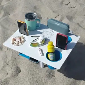 Octable is a unique, portable all-in-one outdoor table that has cell phone slots, cup holders and has ample storage for all your beach gear. With the included stand for all flat surfaces your beach table is easily converted to an anywhere table.