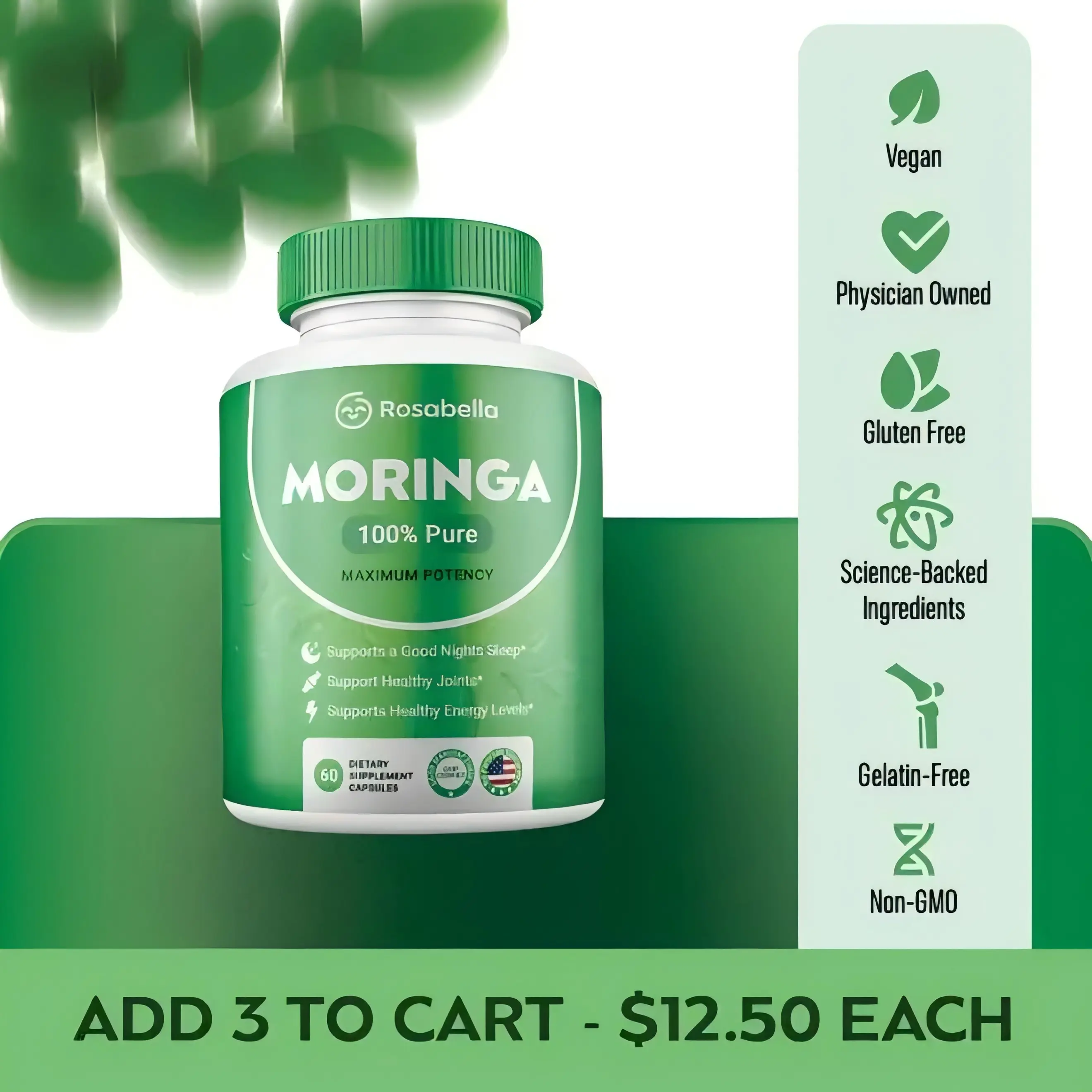 Rosabella Pure Moringa Leaf Capsules, Natural Green Superfood Supplement, Rich in Antioxidants, Vitamins & Amino Acids, Supports Energy, Skin Radiance, Immune & Gut Wellness for Men & Women, 60 Count Edible Dietary