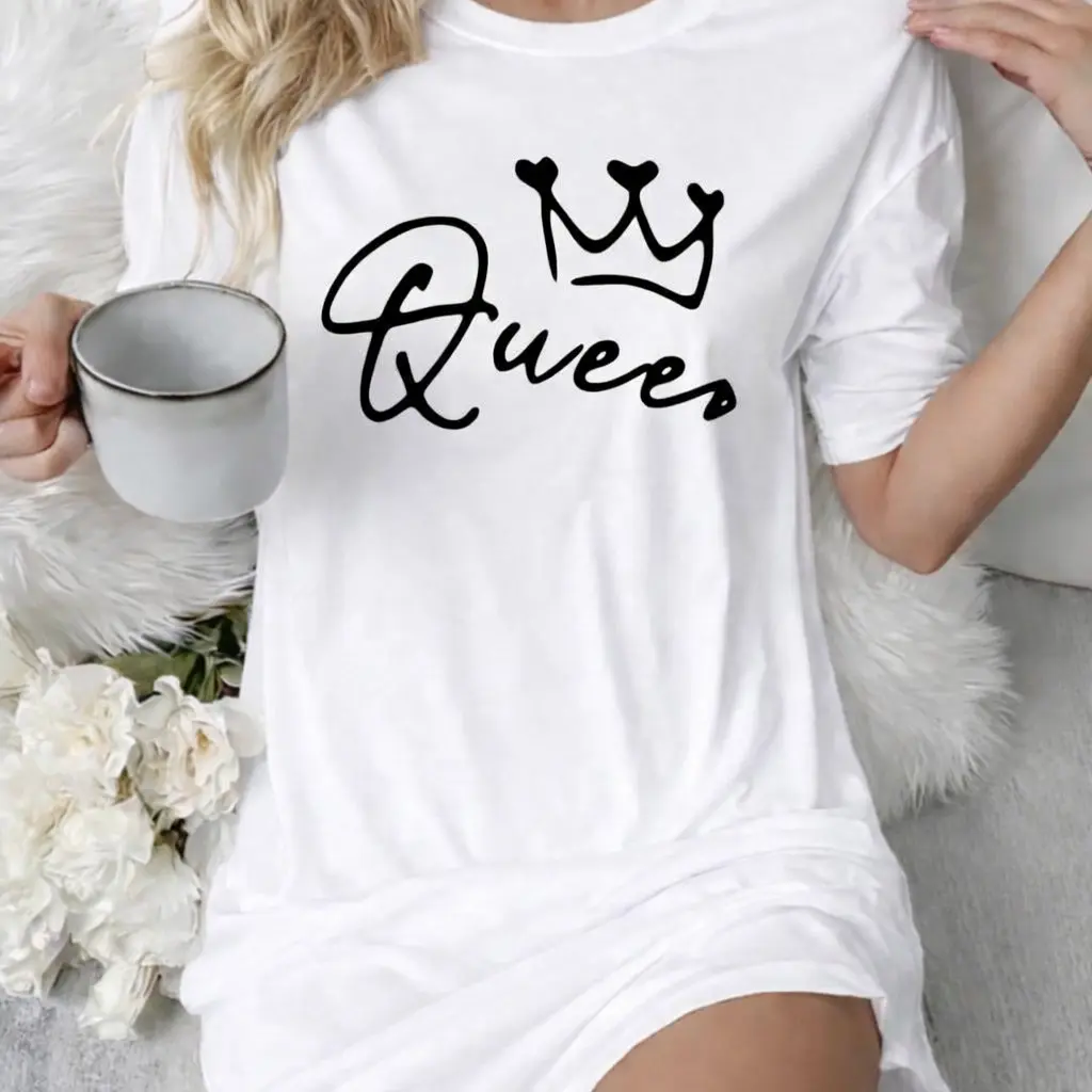Women's Queen Size Cotton Short-Sleeve Round Neck Letter Print Nightdress - Breathable, Soft, Comfy Casual Everyday Loungewear Sleepwear Homewear Shirt