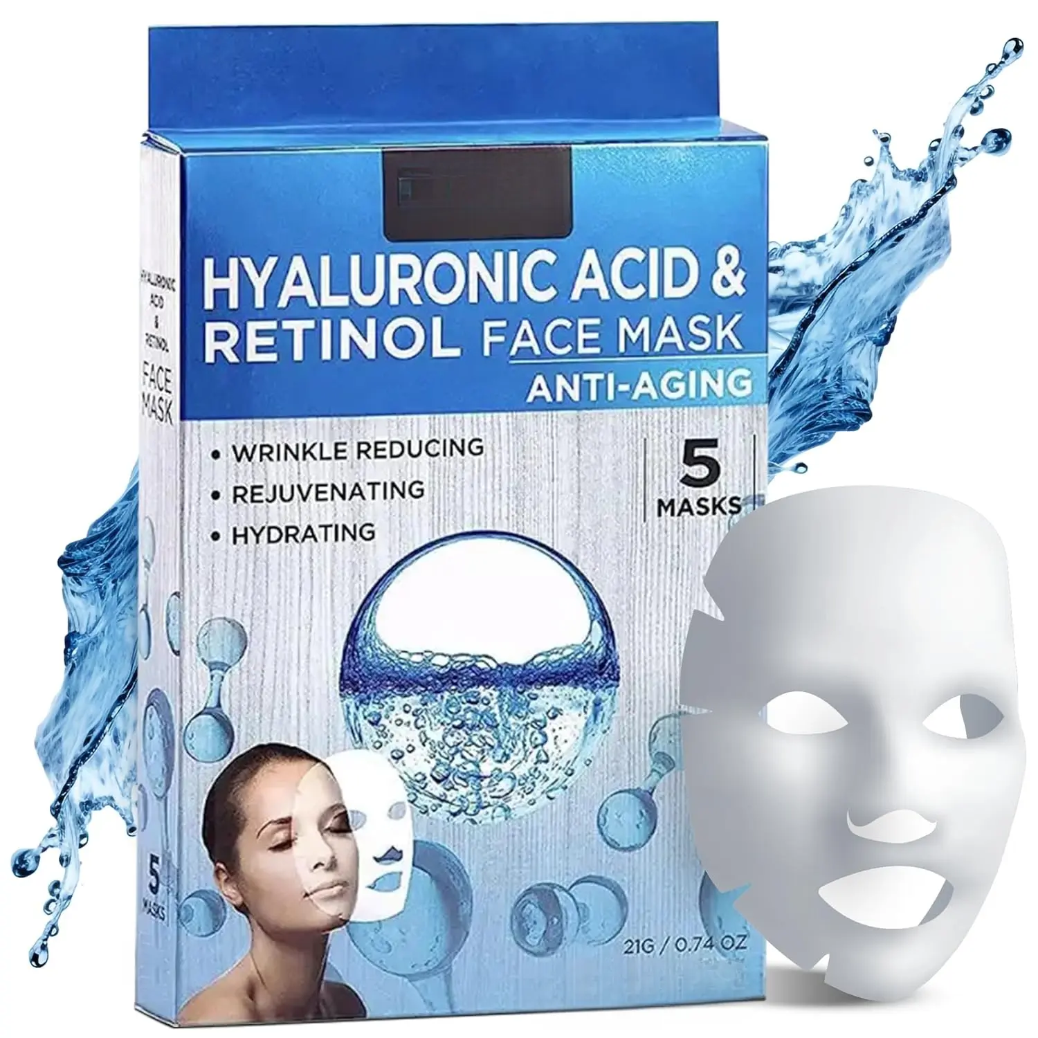 Hyaluronic Acid & Retinol Anti-Aging Collagen Face Masks (5-Count) - Hydrating Serum Mask for All Skin Types, Night Routine, Plump Skin, Reduce Fine Lines, Support Repair, Apply 15 Min, Vitamin-Infused, Radiant Skin