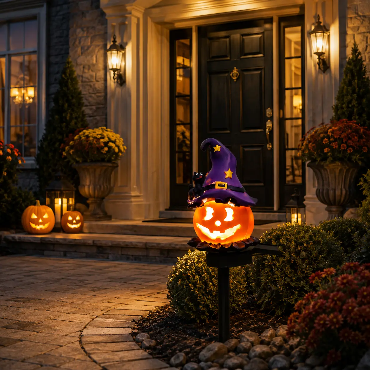 Spooky Solar Pumpkin Garden Stake Light – LED Lantern with Witch Hat & Black Cat – Outdoor Waterproof Yard Decor for Lawn, Pathway, Porch, & Halloween Party Decoration – Perfect Spooky Season Gift Idea
