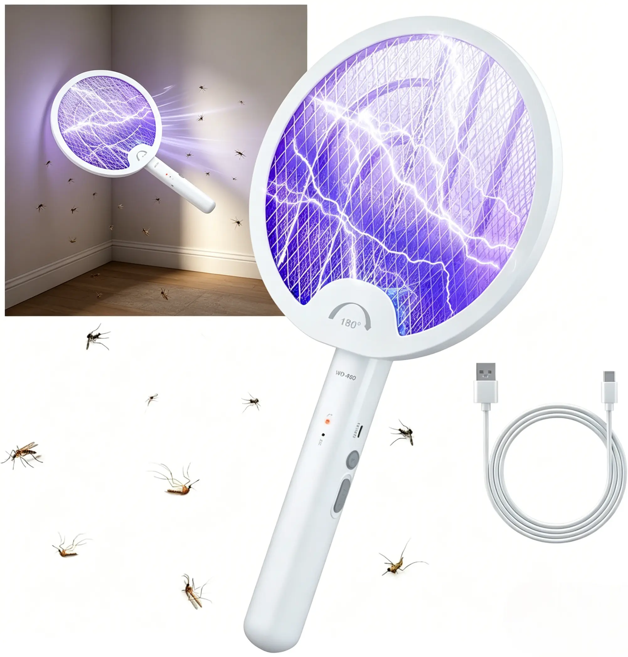 Fly Swatter 4000V Bug Zapper Racket Dual Modes Mosquito Killer with Purple Mosquito Light Rechargeable for Indoor Home Office Backyard Patio Camping