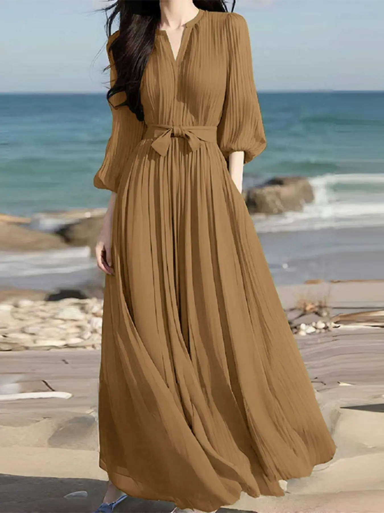Women's Solid Color Notched Neck 3/4 Sleeve Lantern Loose Fit Dress, Beachwear Dress, Casual Chic Elegant Tie Waist Belt A Line Dress for Beach Holiday Vacation, Ladies Clothes Casual Wear for Summer, Womenswear