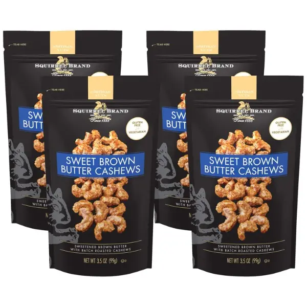 Gourmet Brown Butter Flavored Cashews - 3.5 Oz Resealable Bags (Pack of 4), Premium Roasted, Gluten-Free, Vegetarian, Buttery Sweet, Crunchy, Nutritious, Sugar-Conscious, Salt-Infused, Halal Party Snack for Sharing with All Ages