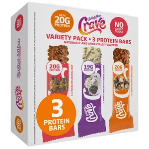 Crave Protein Bars – Variety Pack – Cookie Dough, Caramel Crisp, Cookies & Cream – 19-20g High Protein, No Added Sugar – Soft Protein Snacks for Breakfast & Office – Meal Replacement Bar, 3 Pack
