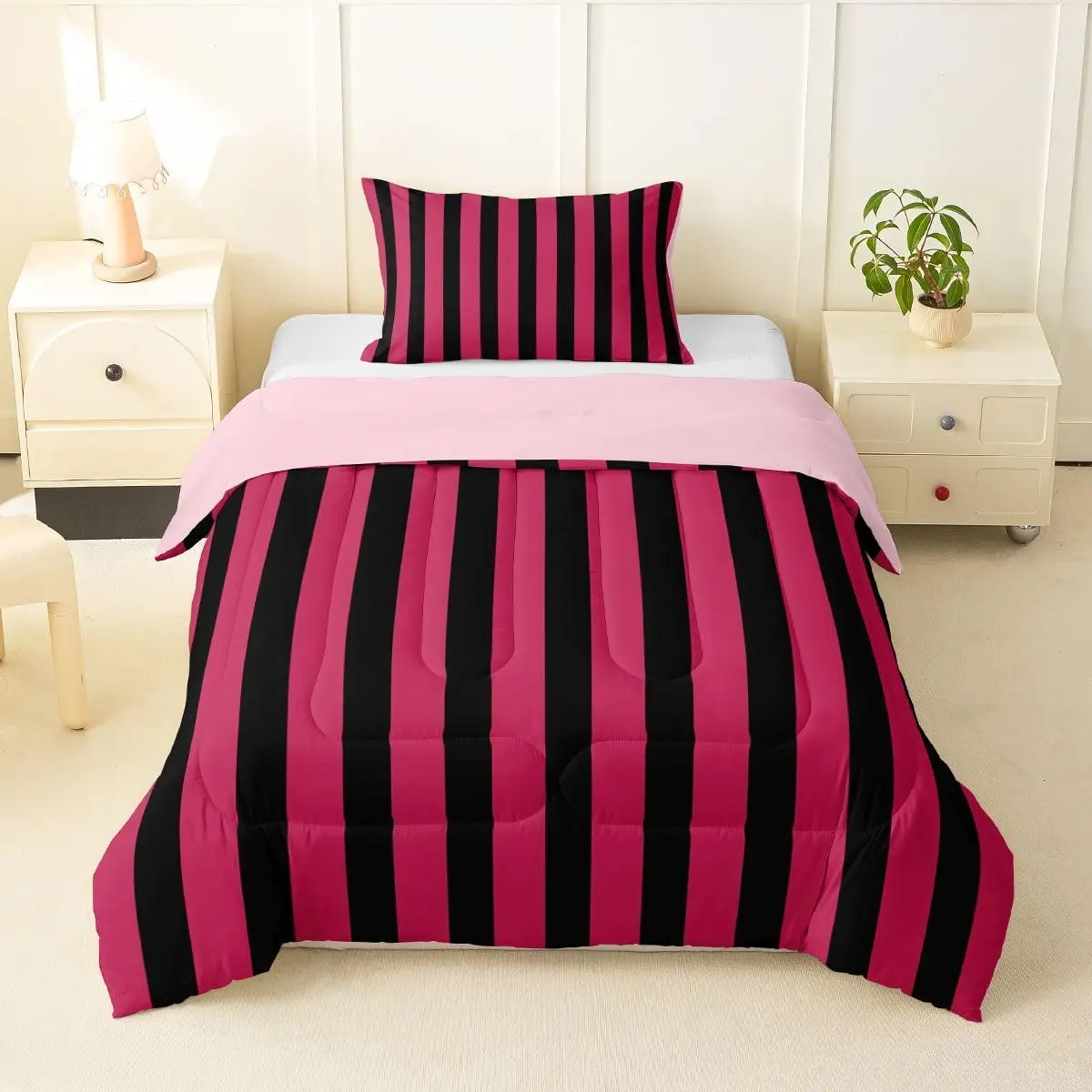 Hot Pink and Black Striped Comforter Set (Pink Reversible) | Simple Vertical Stripes Bedding Sets Modern Abstract Minimalist Aesthetic Quilt Duvet Set Cute Retro Vintage Stripe Bed Sets
