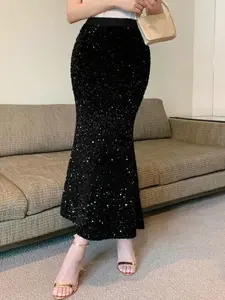 Women's Sequined Fashion Mermaid Hem Skirt, Elegant Party Wear, High Waist A-Line Design, Perfect for Special Occasions