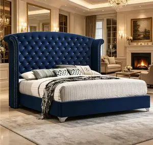 Bellemave   Luxury navy blue plush padded bed frame large/extra large Silver nail head decoration, sturdy platform bed Glam Navy Blue Sail Bed - Soft Velvet Fabric. This navy blue sky goose down bed feels like a five-star hotel suite