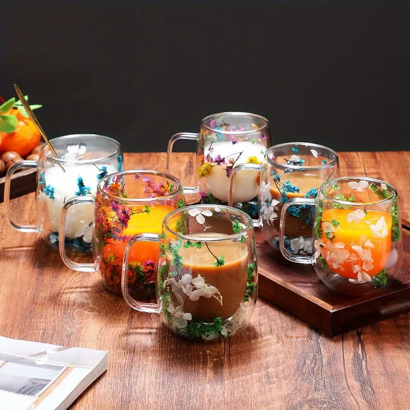 Double-layer glass tea cup with dried flowers, 390ml glass coffee cup, heat-insulating flower-themed coffee cup, transparent cup with embedded dried flowers. Drinkware.