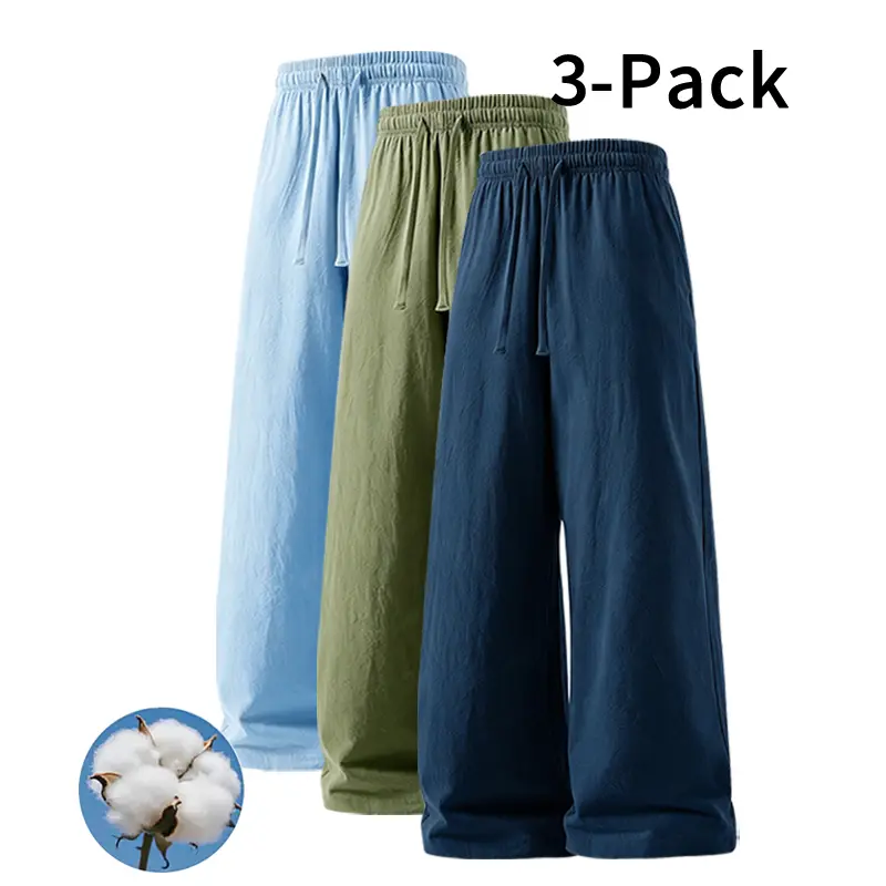 3 Pack Minimalist Cotton Linen Pants Elastic Waist Drawstring Pants, Perfect for Layering (Optional 3 Pack and Single Pack)