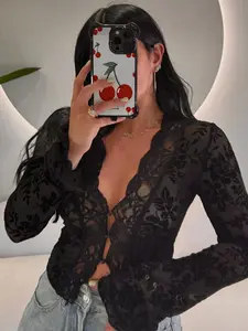 Women's Floral Pattern Sheer Mesh Crop Top, Casual Scallop Trim Flounce Sleeve V Neck Top, Ladies Clothes for Party Club, Womenswear