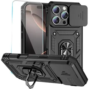 Case for iPhone 16 Pro Case with HD Screen Protector & Slide Camera Cover & Rotated Ring Kickstand, [Military-Grade] Phone Case for iPhone 16 Pro 6.3", Black